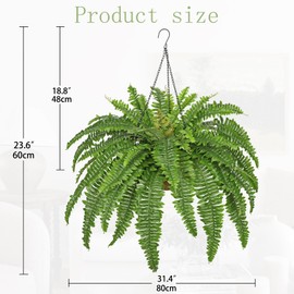 Fake Hanging Plants Large Boston Fern Artificial Plants Outdoor Realistic Fake Ferns with Palm Basket Silk Plants Ferns Hanging Plant Artificial Decor for Home Front Porch Window Garden - Green