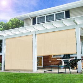 E&K Sunrise 6'W x 6'H Roll Up Shade Outdoor Roller Shade Blind Sun Shade UV Block for Patio Porch Backyard Gazebo Deck Pergola (Beige)