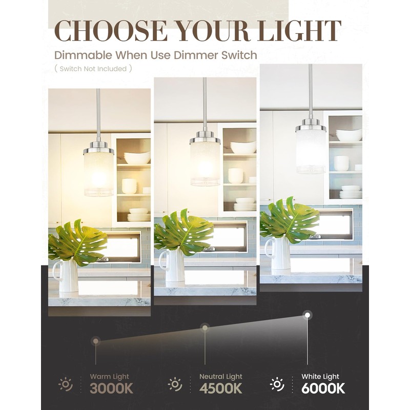 TENGXIN Modern Pendant Light for Kitchen Island, Brushed Nickel Hanging