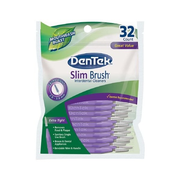 DenTek Slim Brush Interdental Cleansers, Extra Tight, Mouthwash Blast 32 ea (Pack of 2)