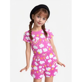 TCWWBB Girls Pyjamas Sets Kids Short Pjs Set Toddler Unicorn Mermaid Animal Print Polyester Sleepwear Little Girl Tops T-Shirt&Pants 2Pcs Summer Nightwear Clothes Age 2-8 Years