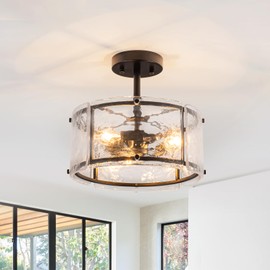 Phunchoo 11.8 Inch Small Modern Farmhouse Black Semi Flush Mount Ceiling Light with Clear Glass Shade, 3-Bulb Close to Ceiling Light Fixture for Kitchen Bedroom Living Room Porch Hallway Entryway