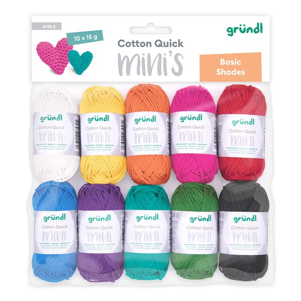 Gründl Wool Cotton Quick Mini Basic Shades Set for Knitting and Crocheting, 10 x 15 g, 100% Cotton, 15 g/37 m, Multi-Coloured