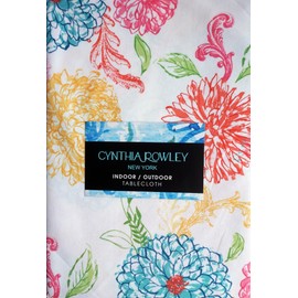 Cynthia Rowley Indoor / Outdoor Fabric Tablecloth Yellow Red Green Blue Floral Pattern Big Flowers on White -- 60 Inches x 84 Inches