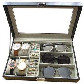 VOVEWAN Men Women Watch Box Watch Case Jewelry Organizer Holder Jewelry Display Box Case Glass Top Sunglasses Storage Organizer Lockable PU Leather