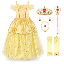 JerrisApparel Girls Princess Belle Costume Sequin Tulle Party Dress, Yellow with accessories