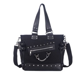NACZHLOVELL Women's Tote Bag, Shoulder Punk with Rivets, Handbag, 2-Way, Cross-body, Large Capacity, Waterproof, For Work or School or Travel, Black
