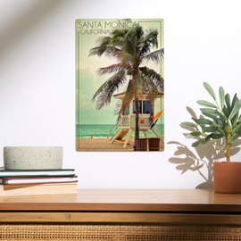 Lantern Press 10x15 Inch Wood Sign, Ready to Hang Wall Decor, Santa Monica, California, Lifeguard Shack and Palm