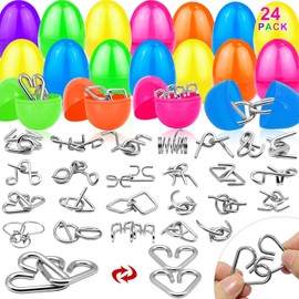 24 Pack Filled Easter Eggs with Metal Brain Teaser Puzzle Toys, Stress Relief Fidget Toys Brain Teaser Games for Kids Boys Girls Easter Basket Stuffers Fillers Gift