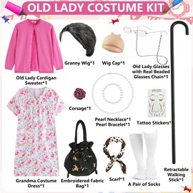 Old Lady Costume for Kids Girls 100 Day of School Costume Girls Kids Grandma Costume Granny Dress Accessories 8-10 Years DY024L