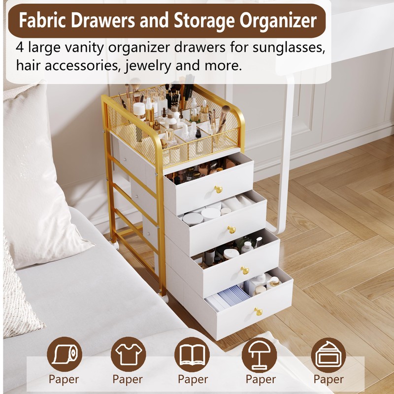 Rolling Makeup Organizer Cart, Under Desk Storage Cart with 4