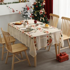 LOHUT Beige Christmas Tablecloths 84 Inch Rectangular Red Bell Lace Embroidered Christmas Table Cloths - Wrinkle Resistant Table Cover for Kitchen Dining Room Thanksgiving Fall Christmas Decor