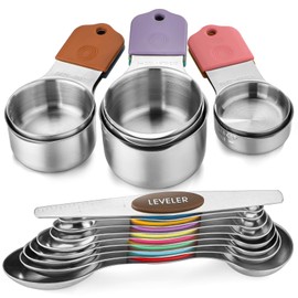 Magnetic Measuring Cups and Spoons Set Stainless Steel, 7 Heavy Duty Measuring Cup & 8 Measuring Spoons with 1 Leveler for Measure Dry and Liquid Ingredients