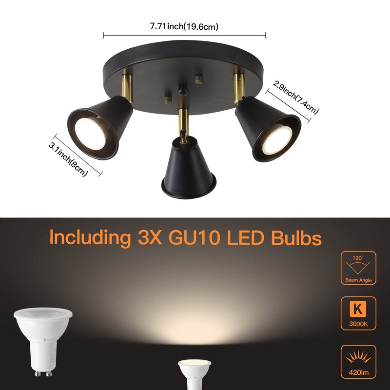 SEEBLEN 3-Light Industrial Directional Track Lighting, Adjustable Round Ceiling Spotlight,