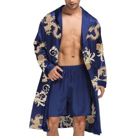 SWOMOG Mens Silk Robe with Shorts Set Satin Long Sleeve Kimono Bathrobe Blue Dragon Small