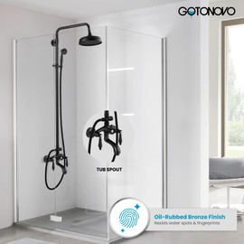 gotonovo Oil Rubbed Bronze Wall Mount 8’’ Round Shower Head Triple Function Exposed Pipe Shower System Bathroom Mixer Shower Faucet Sets with 2 Lever Mental Knobs Handheld Sprayer with Tub Spout