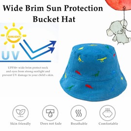 iNszkoos Kid Cartoon Dinosaur Sun Protection Hat with Chin Strap, Unisex Wide Brim Summer Holiday Cotton Bucket Cap Toddler Outdoor Breathable Beach Cap for 1-4Y Infants Baby Boys Girls Blue