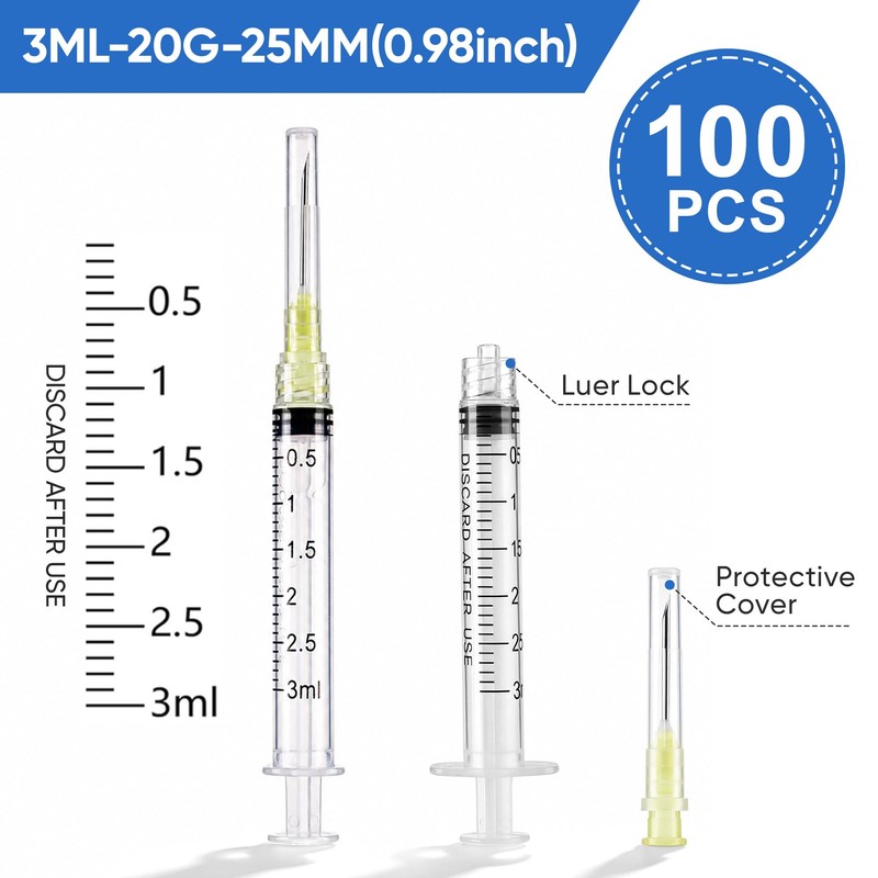 Pack of 100 3 ml 20G 25 mm Plastic Tube,