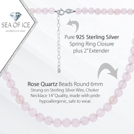 Precious Gemstone 6mm Round Beads Necklace 14" Plus 2" Extender with Sterling Silver Spring Ring Clasp (rose-quartz)