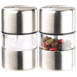 PEARL Salt Shaker: Set of 2 Mini Salt & Pepper Mills Stainless Steel Ceramic Grinder Diameter 3 cm (Mini Salt Shaker, Camping Pepper Mill, Kitchen Helper)