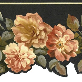CONCORD WALLCOVERINGS ™ Wallpaper Border Floral Pattern Roses Leaves, Die Cut Edge for Living Room Bedroom Cottage Farmhouse, Navy Blue Green Yellow, 15 ft by 5 in PP76576DC