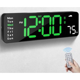 Digital Wall Clock with Remote Control, Large Display Plug in LED Digital Alarm Clock with 12/24Hr, Date, Week, Temperature, DST, Digital Clock for Living Room, Bedroom, Office Wall Decor (Green)