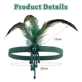1920s Feather Headband, Headwear Flapper Headband Fashion Bling Rhinestone Hair Accessories for Women Girls Prom Gatsby Costume Theme Party Cocktail Party (Green, One Size)