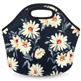 Vivid Daisy Flower Neoprene Lunch Tote Bag Thermal Insulated Lunch Bag Lightweight Reusable Cooler Container for Work Office Travel Picnic Meal Prep Bag for Women
