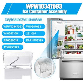 Upgraded WPW10347093 W10347093 Ice Bucket Compatible with Whirlpool Ice Maker, Refrigerator Ice Container Assembly Removable Ice Bin Replacement Parts for W10347100, AP6020018, 2311097, PS11753329