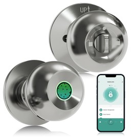 DINSTECH Fingerprint Door Lock, Rechargeable Smart Door Knob, Biometric Door Lock with App Control, Fingerprint Door knob for Bedrooms, Apartments Offices, Hotels (Stainless Steel)