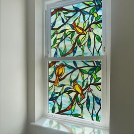 funlife Original Hand-Drawn Stained Glass Window Film, Transparent Double-Sided Static Cling Window Cling, Non-Adhesive Glass Windows Decor for Glass Door, Yellow Bird on Branch, 22.83" x 118.11"