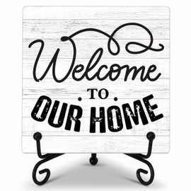 GOLRMC Welcome Home Sign, Welcome to Our Home Sign, Home Kitchen Decor and Accessories, Farmhouse Wooden Plaque with Iron Stand for Desk Shelf Decor-A16