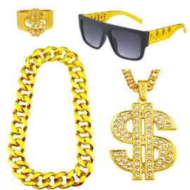 Riuziyi 4Pack 80s 90s Hip Hop Costumes Outfit, Fake Gold Chain Money Chain Twist Leg Punk Sunglasses Dollar Sign Finger Ring for Men Women Rapper Accessories