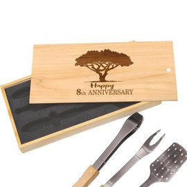 Eight Years of Elation: Happy 8th Anniversary BBQ Set, Engraved Spatula, Tongs, & Fork, Packaged in a Memorable Box, Perfect for Eighth-Year Celebrations