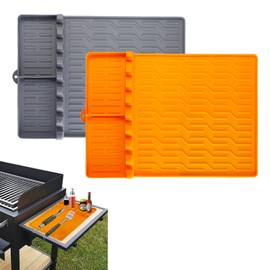 BPA-Free Silicone Cooking Mat: Ultimate Tool Organizer with Drip Pan for Griddles, Grills, and Countertops (2Pcs, Orange and Gray)