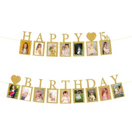 Happy 15th Birthday Photo Banner 15 Year Old Party Decorations, Fifteen Birthday Picture Frame Banner 15th Photo Frame Party Supplies Bunting Decor