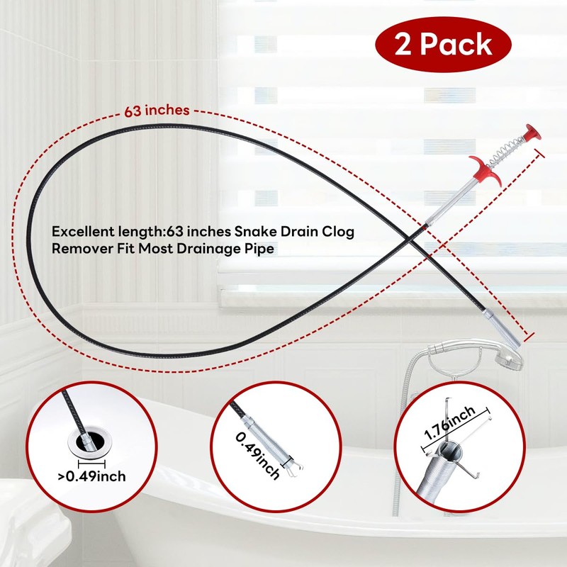 Snake Drain Clog Remover, 63 Inch 2pack - Toilet Snake,