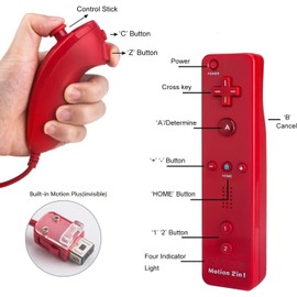 2 Pack Remote Controller with Motion Plus for Wii/WII U, 2 in 1 Remote with Nunchuck Controller Compatible with Wii Wii U Console (Red & Blue)