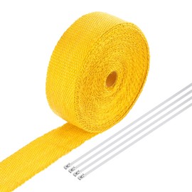 MECCANIXITY Fiberglass Exhaust Wrap Tape, 2" x 50' Yellow Header Heat Wrap with 4 Stainless Ties for Hot Rods and Motorcycle