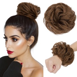 tesshair Messy Bun Hair Piece 100% Thick Tousled Human Scrunchies Natural Curly Wavy Bun Hair Piece with Elastic Band Medium Brown Hairpieces for Women Girls(Medium Brown, 25g)