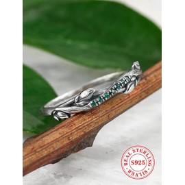 S925 Sterling Silver Simple Braid Leaf Design Ring, Fashion Rhinestone Decor Accessories for Women, Trendy All-match & Exquisite Jewelry for Birthday Gift - Colour: Silver, Size: 6