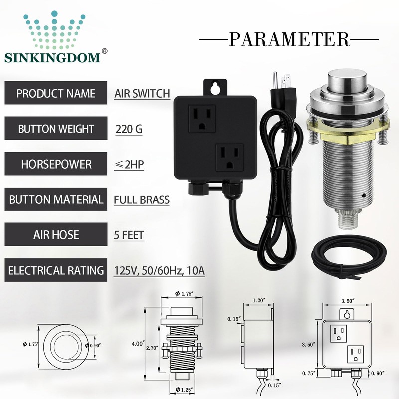 SINKINGDOM SinkTop Air Switch Kit (Long Full Brass Button) for