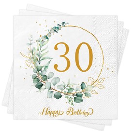 Xunerloy 40Pcs 30th Birthday Napkins Sage Green Gold, 30th Birthday Serviettes Eucalyptus Napkins for Women Men Her He Anniversary Decoration