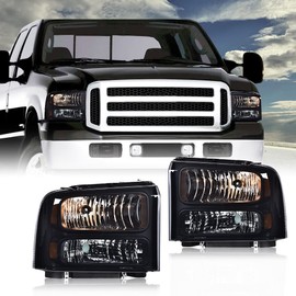 LQI Headlights Assembly Compatible with 1999-2004 Ford F250 F350 F450 F550 Super Duty/Fit 2000-2004 Ford Excursion Driver & Passenger Side Smoke lens Black Houing Amber Reflector 1C3Z13008BA