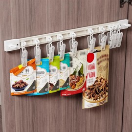 HEVOY Multifunctional Slide Rail Clip, Adhesive Wall Hooks Rack, Kitchen Utensil Holder with 10 Clips, Cupboard Hanging Storage Rack for Bathroom Kitchen Bedroom (Side Mount + Clip, 2pc*11.8inch)
