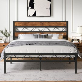 VECELO Queen Bed Frame Metal Platform with Wooden Headboard, Heavy-Duty Metal Slats Support, No Box Spring Needed, Non-Slip, Noise Free, Easy Assembly, Rustic Brown