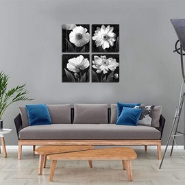 Black Art Canvas Contemporary Simple Life Pictures White Flowers Floral Wall Bathroom Artwork Paintings for Home Decor(12"x12"x4pcs Framed)