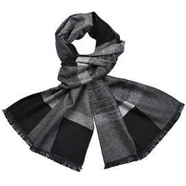 Miobo Mens Winter Soft Plaid & Plain Wool Mix Tassel Autumn Winter Scarf, Black grey 2