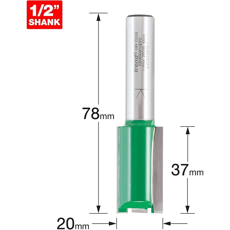 Trend CraftPro Straight Two Flute Router Bit, 1/2 Inch Shank,