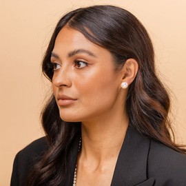 PAVOI 18K Yellow Gold Plated Sterling Silver Round Stud White Simulated Shell Pearl Earrings -12mm